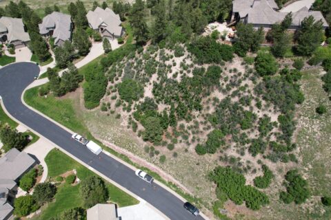 Village Lake area before mitigation project - overhead shot of a roadway with greenery that is dead and homes