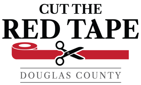 Logo treatment for the Red Tape Reduction Task Force with text 'Cut the Red Tape' and scissors cutting red tape